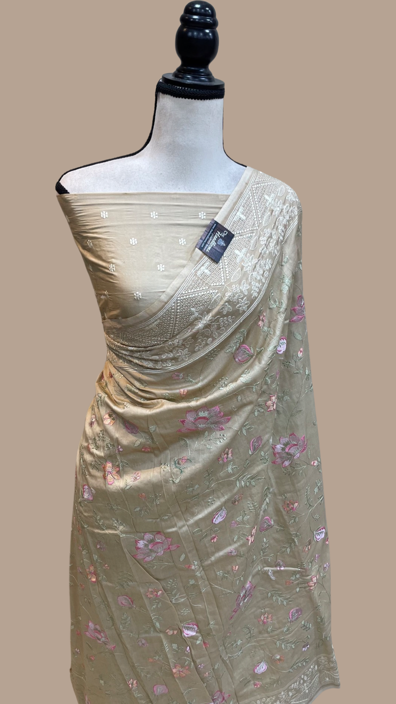 Pure Chiniya Silk Handloom Banarasi Saree With Chikankari - The Handlooms