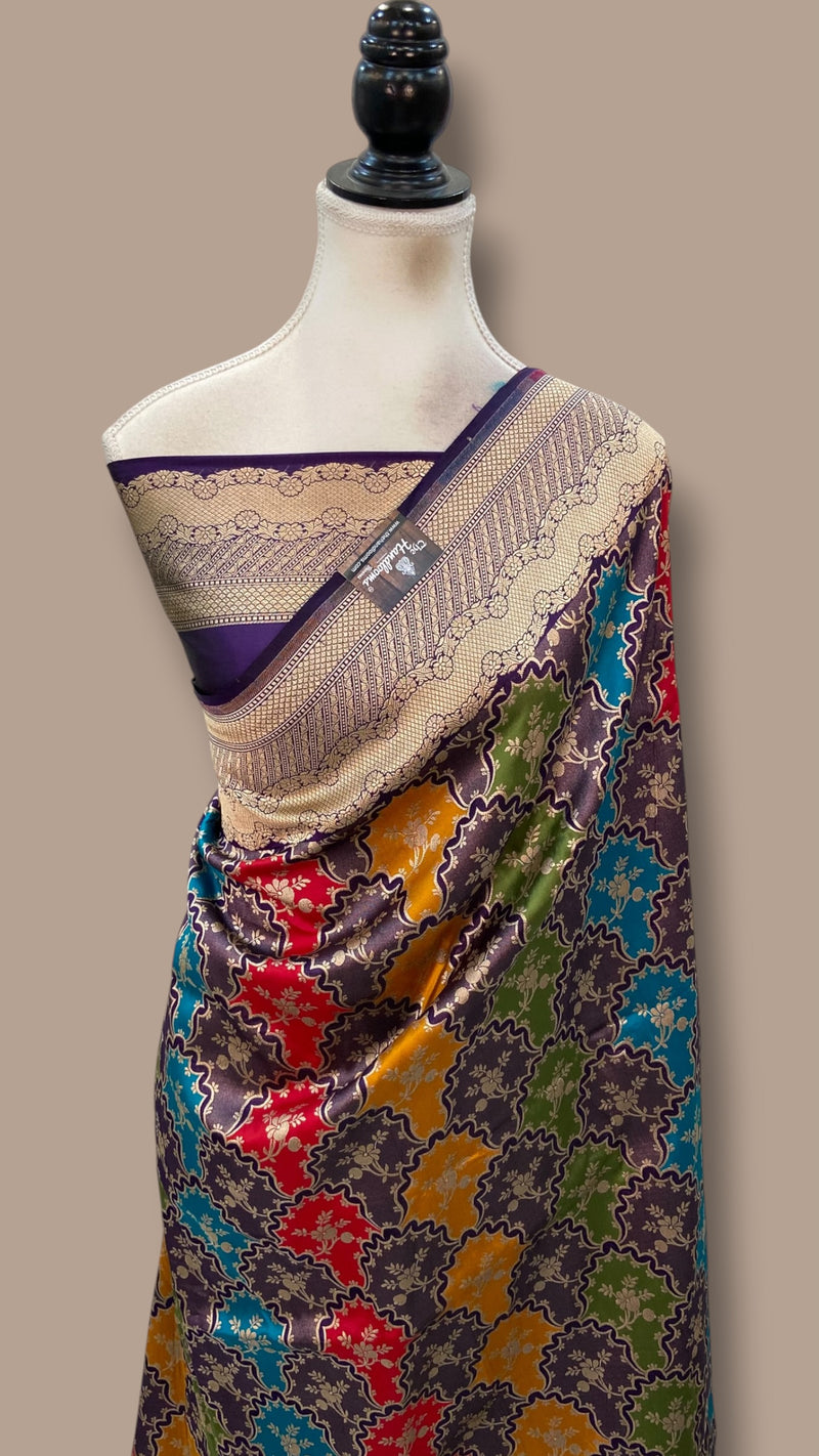 Multicolor Pure Katan Silk Banarasi Handloom Saree - All over Jaal Work With Rangkart