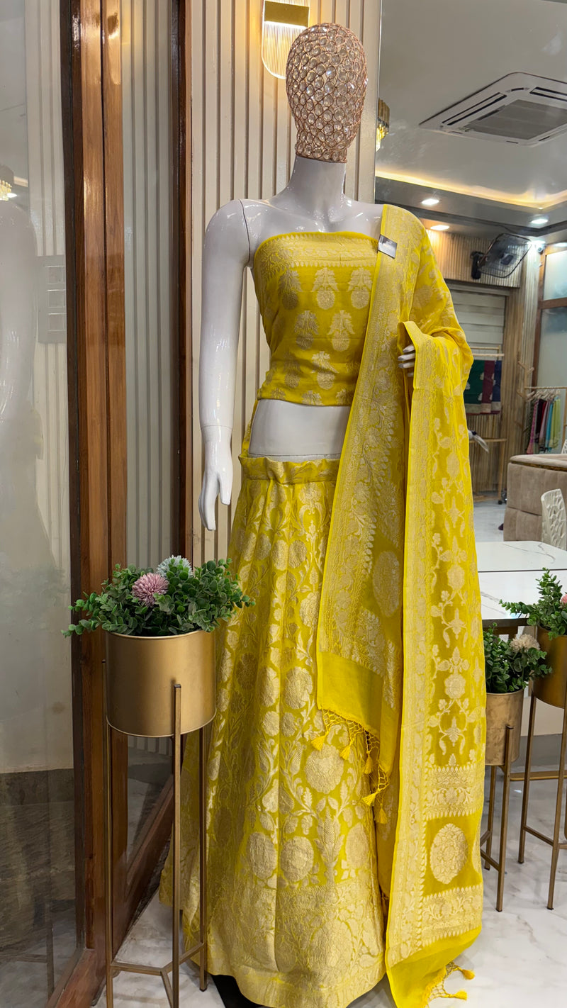 Pure Khaddi Georgette Handloom Banarasi Lehenga - Stitched - The Handlooms