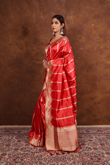 Red Pure Katan Silk Banarasi Handloom Saree - All over Kadua Stripe