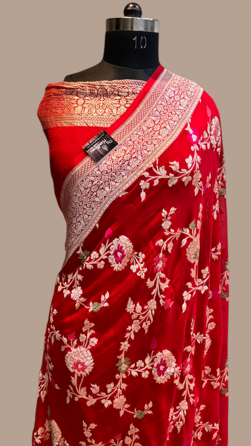 Red Khaddi Georgette Handloom Banarasi Saree - All over Jaal Work with meenakari - The Handlooms
