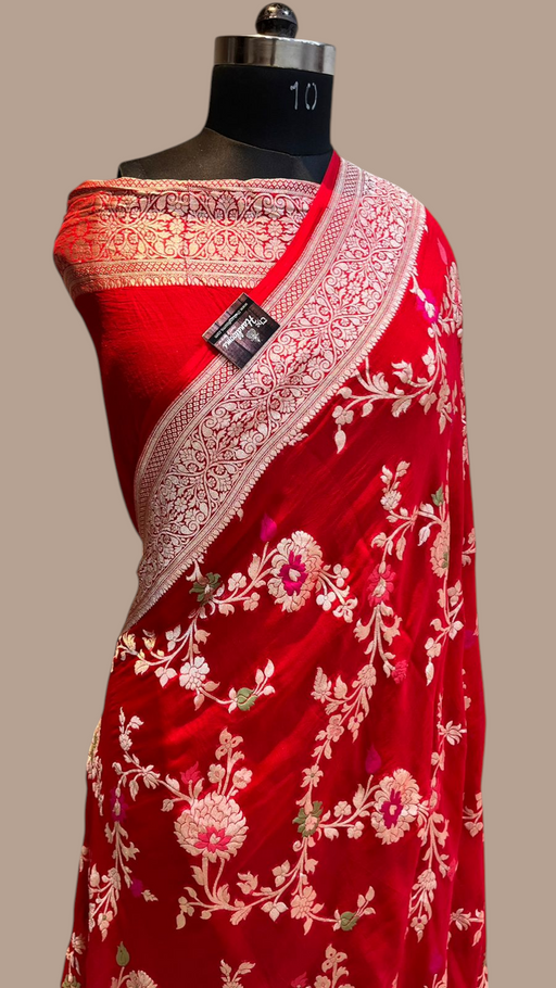 Red Khaddi Georgette Handloom Banarasi Saree - All over Jaal Work with meenakari - The Handlooms