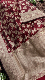 Maroon Pure Katan Silk Banarasi Handloom Saree - All Over Jaal Work - The Handlooms