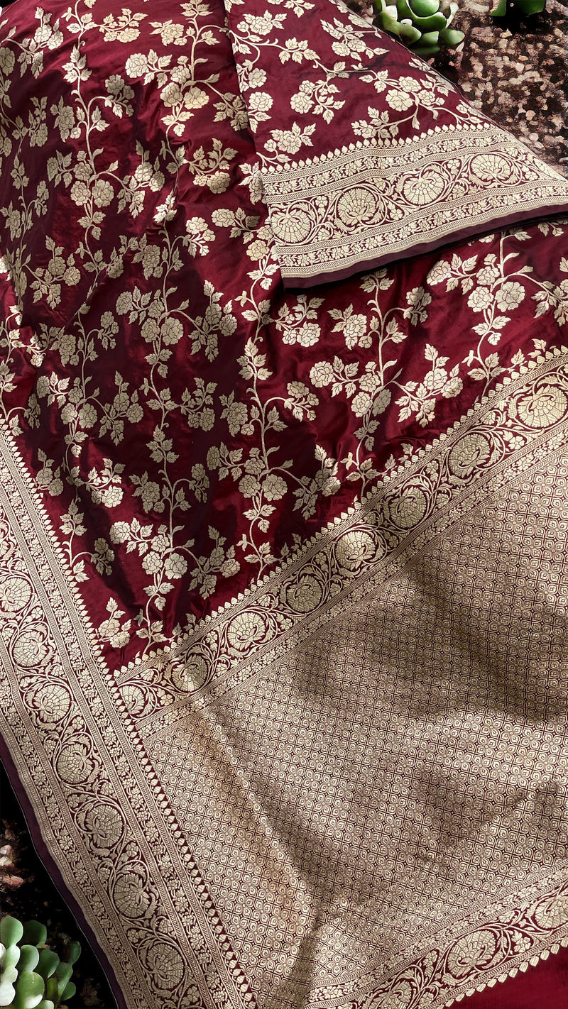 Maroon Pure Katan Silk Banarasi Handloom Saree - All Over Jaal Work - The Handlooms