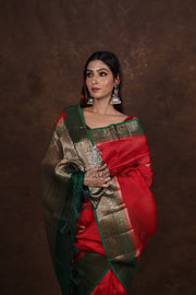 Red Pure Kora Handloom Banarasi Saree - The Handlooms