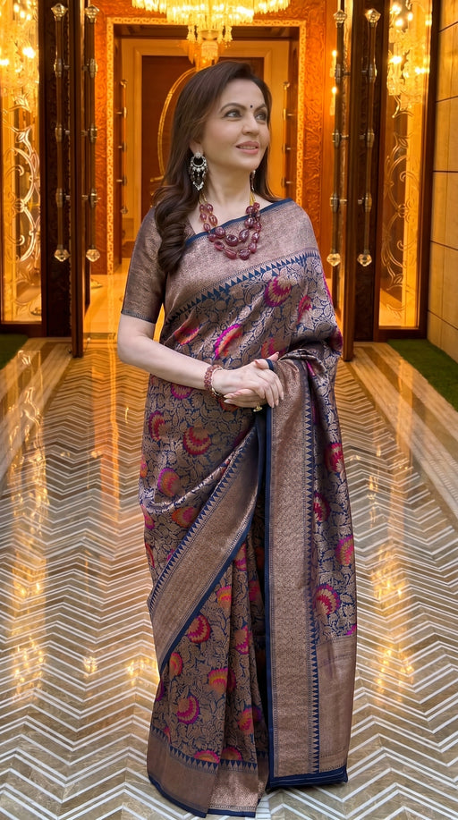 Nita Ambani Regal Pure Katan Silk Banarasi Saree – Handwoven Tanchui Brocade - The Handlooms