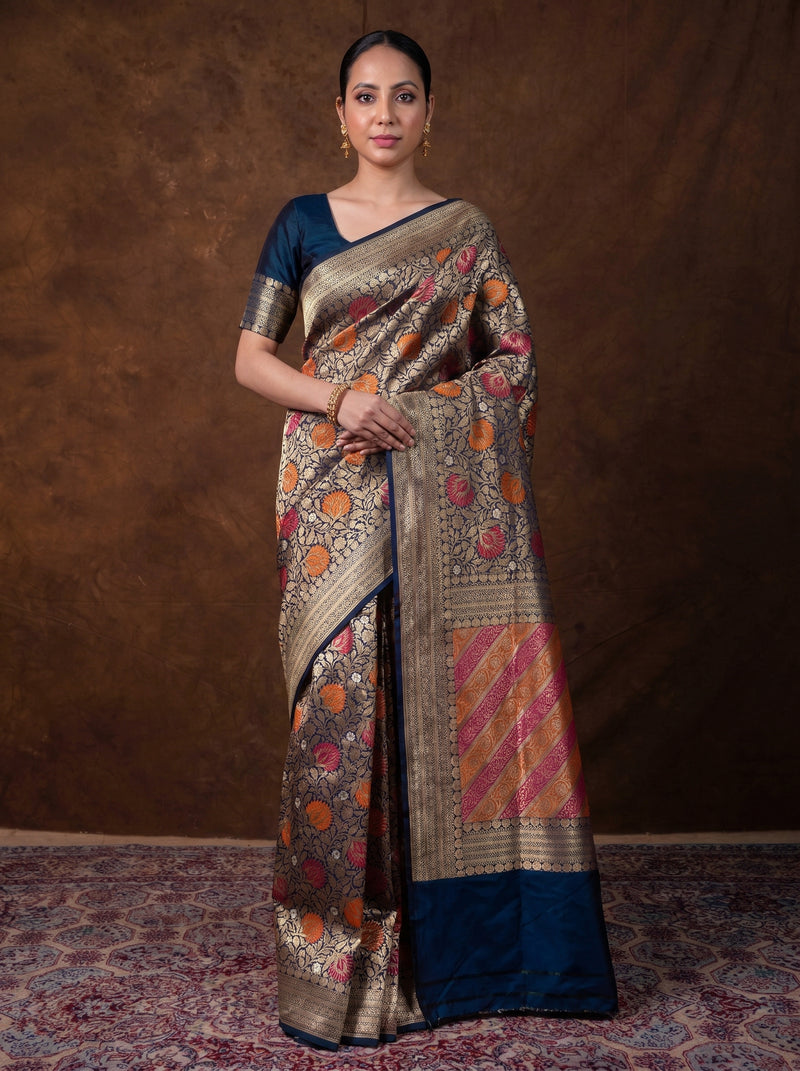 Regal Pure Katan Silk Banarasi Saree – Handwoven Tanchui Brocade with Meenakari Work - The Handlooms
