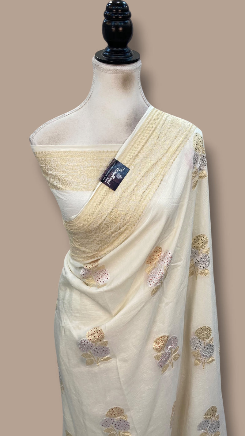 White Pure Moonga Georgette Handloom Banarasi Saree
