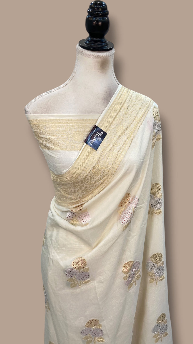 White Pure Moonga Georgette Handloom Banarasi Saree