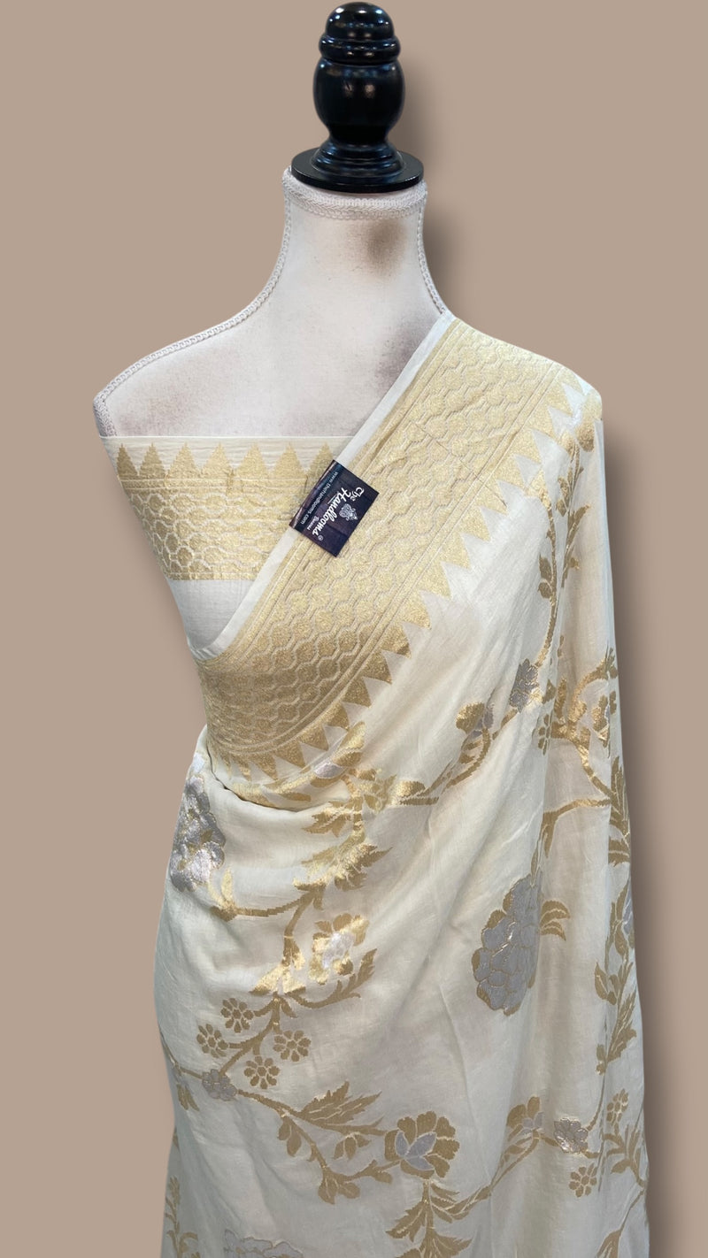 White Pure Moonga Georgette Handloom Banarasi Saree