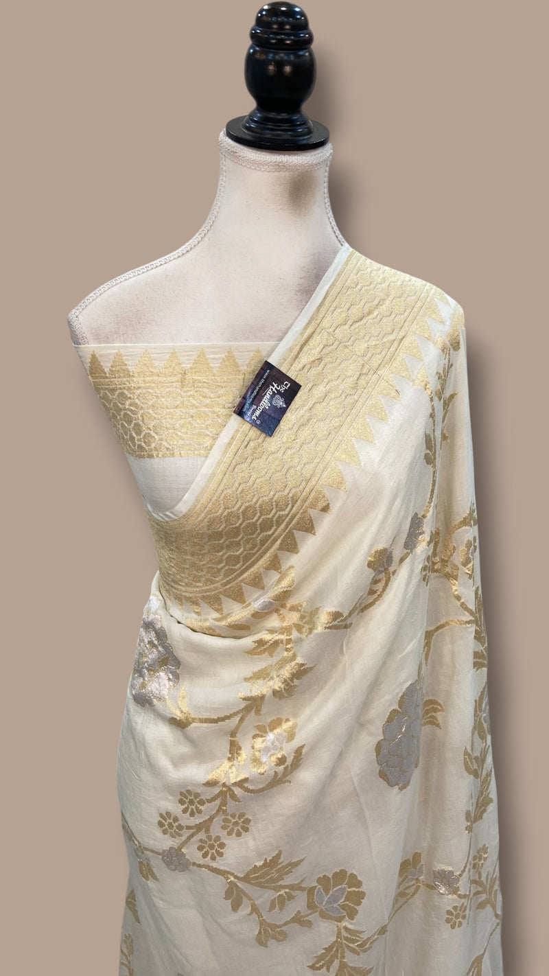 White Pure Moonga Georgette Handloom Banarasi Saree