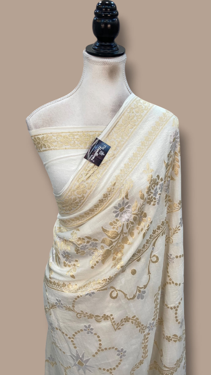 White Pure Moonga Georgette Handloom Banarasi Saree