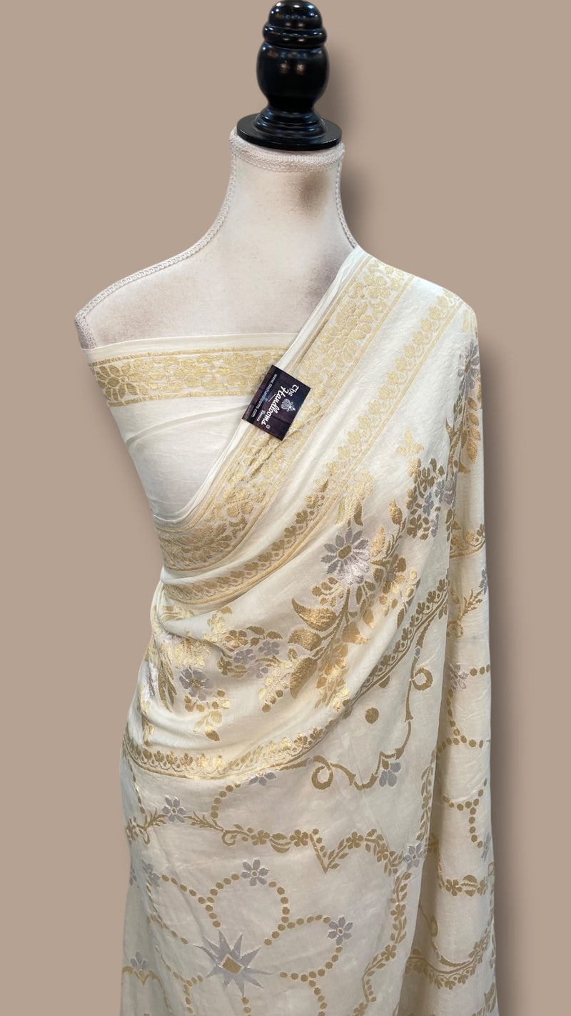 White Pure Moonga Georgette Handloom Banarasi Saree