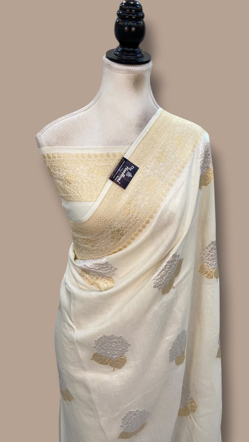 White Pure Moonga Georgette Handloom Banarasi Saree