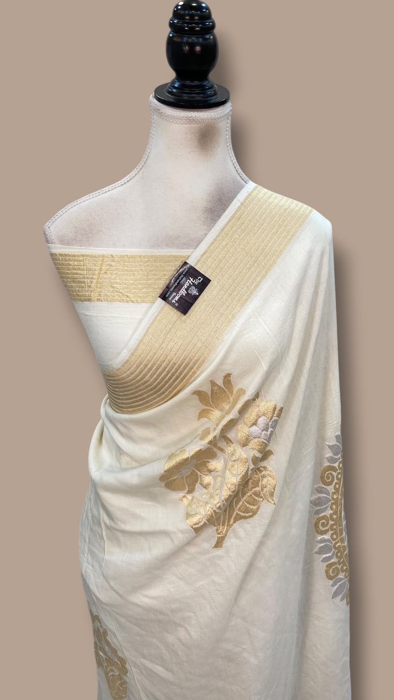 White Pure Moonga Georgette Handloom Banarasi Saree