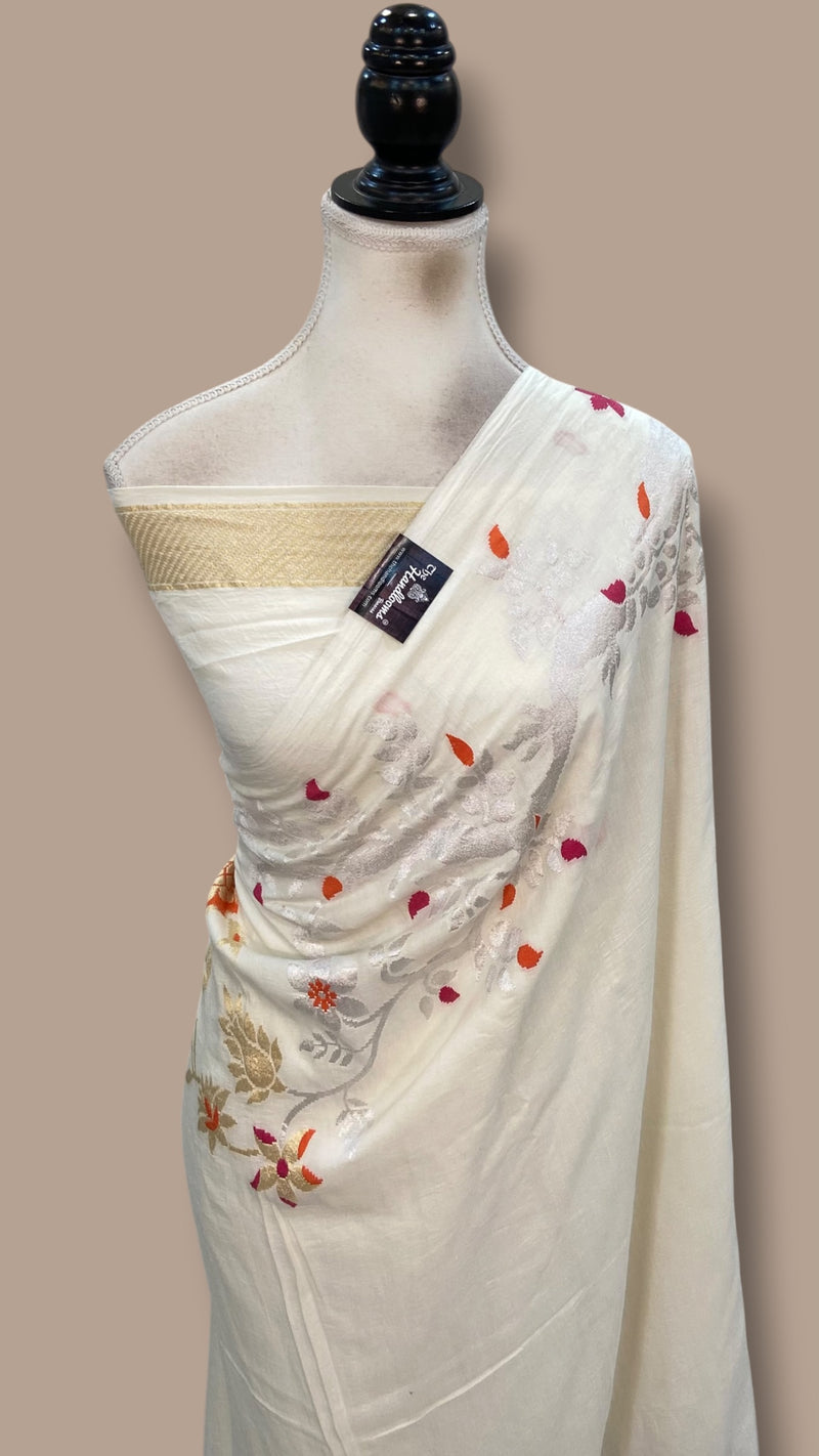 White Pure Moonga Georgette Handloom Banarasi Saree