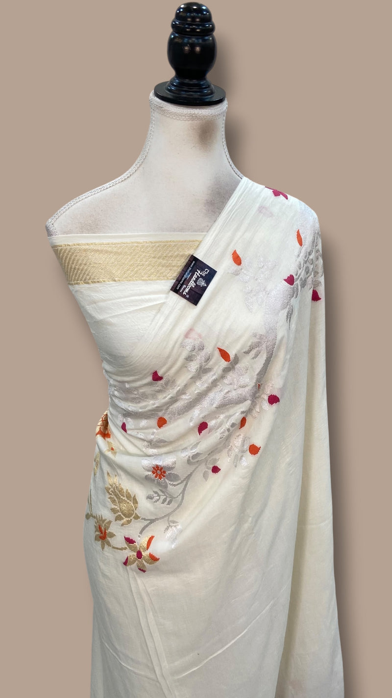 White Pure Moonga Georgette Handloom Banarasi Saree