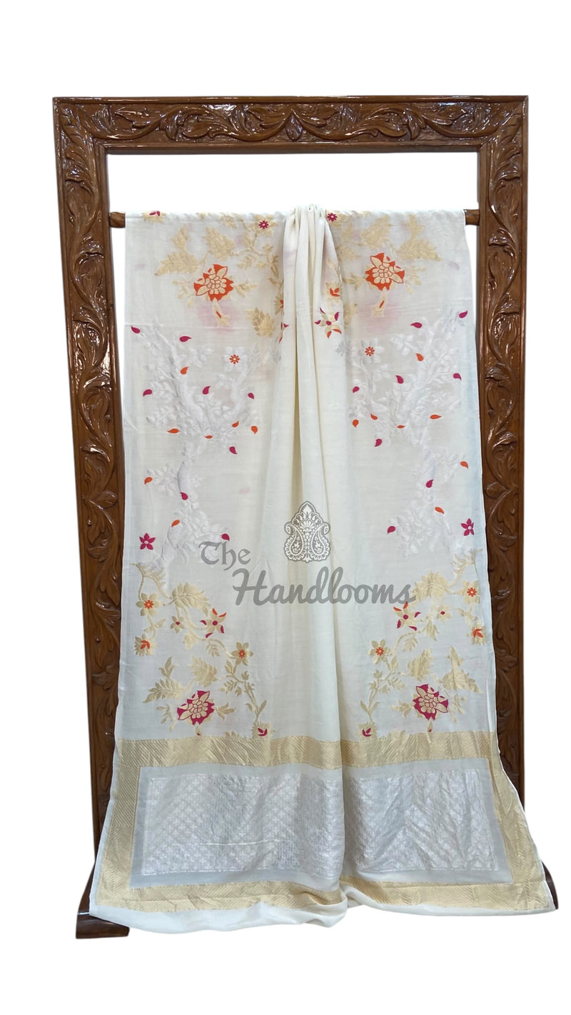White Pure Moonga Georgette Handloom Banarasi Saree