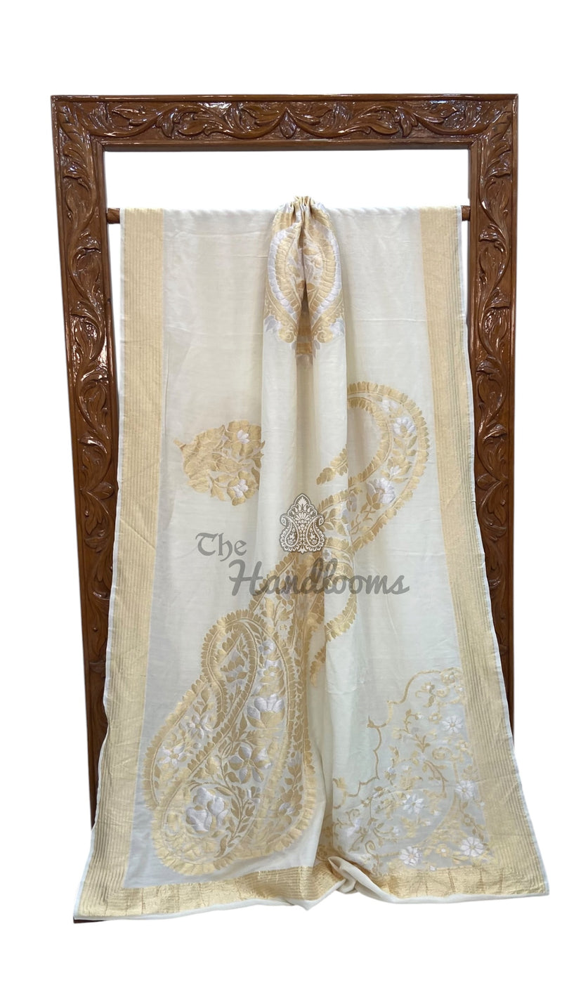 White Pure Moonga Georgette Handloom Banarasi Saree
