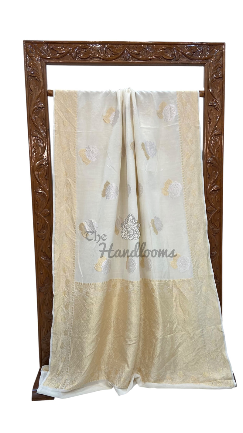 White Pure Moonga Georgette Handloom Banarasi Saree