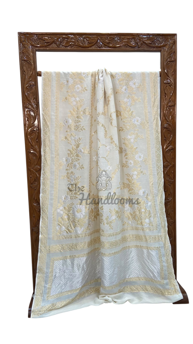 White Pure Moonga Georgette Handloom Banarasi Saree