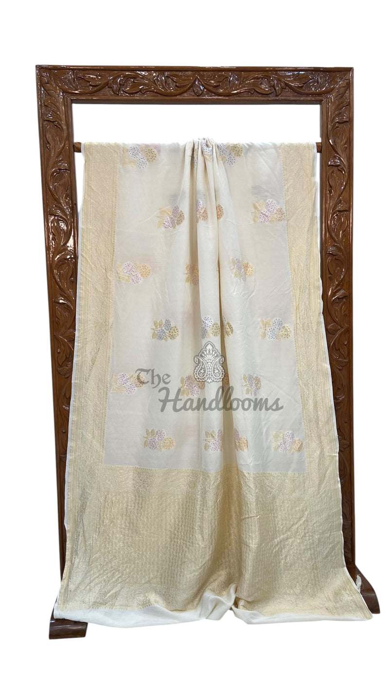 White Pure Moonga Georgette Handloom Banarasi Saree