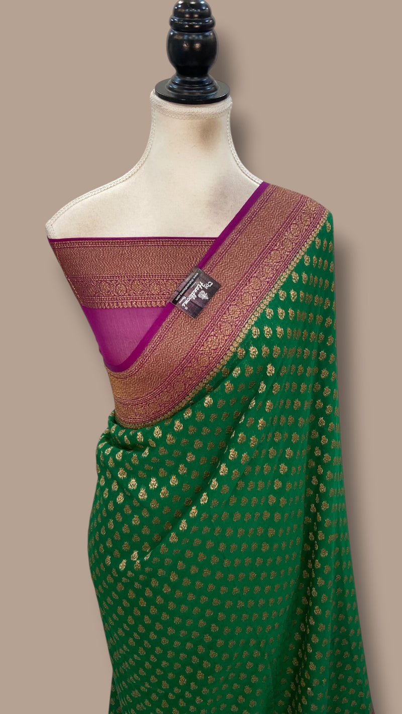 Green Pure Khaddi Georgette Banarasi Saree - Antique zari