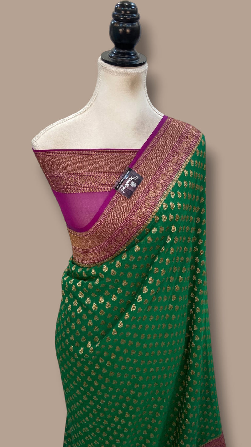 Green Pure Khaddi Georgette Banarasi Saree - Antique zari