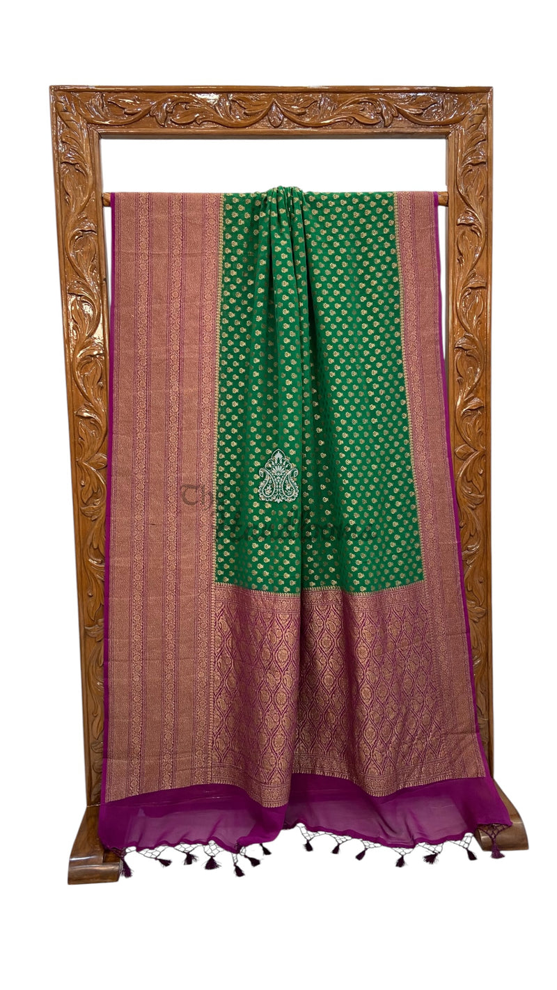 Green Pure Khaddi Georgette Banarasi Saree - Antique zari