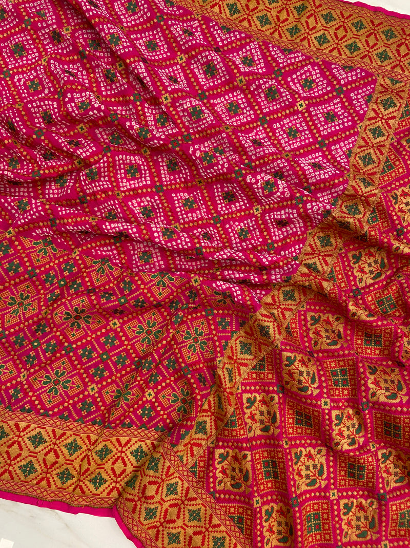 Pure Georgette Banarasi Bandhej Handloom Saree - Meenakari - The Handlooms