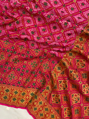 Pure Georgette Banarasi Bandhej Handloom Saree - Meenakari - The Handlooms