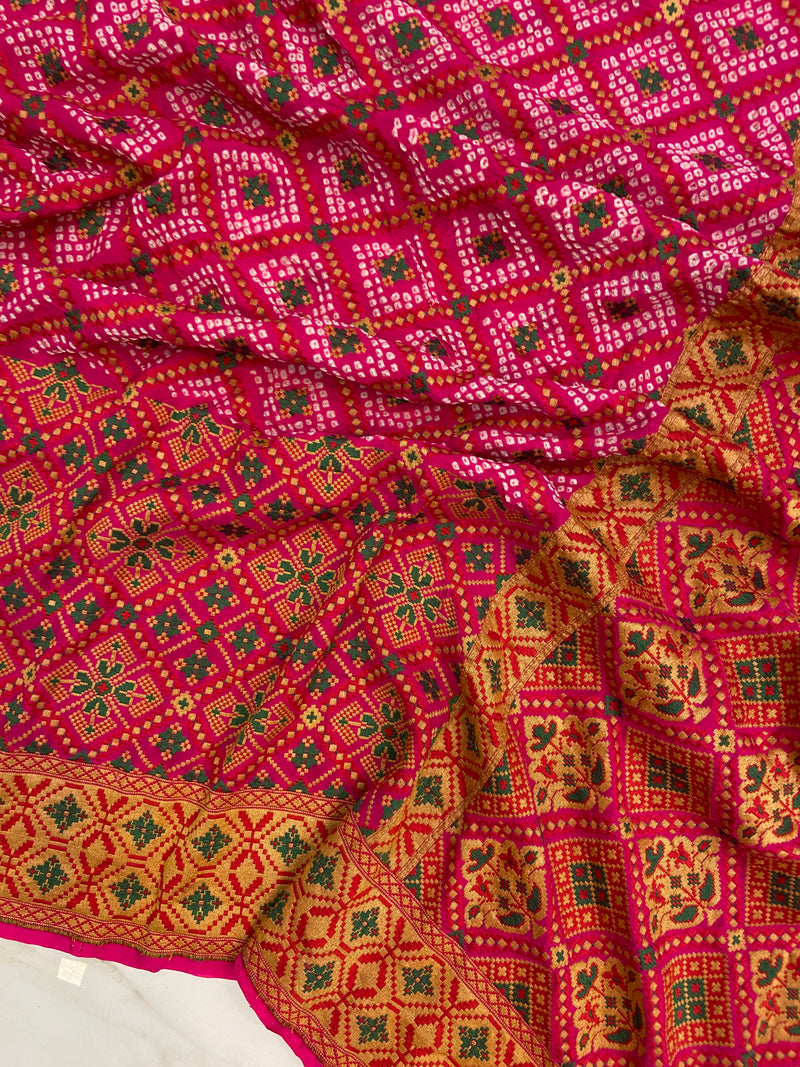 Pure Georgette Banarasi Bandhej Handloom Saree - Meenakari - The Handlooms
