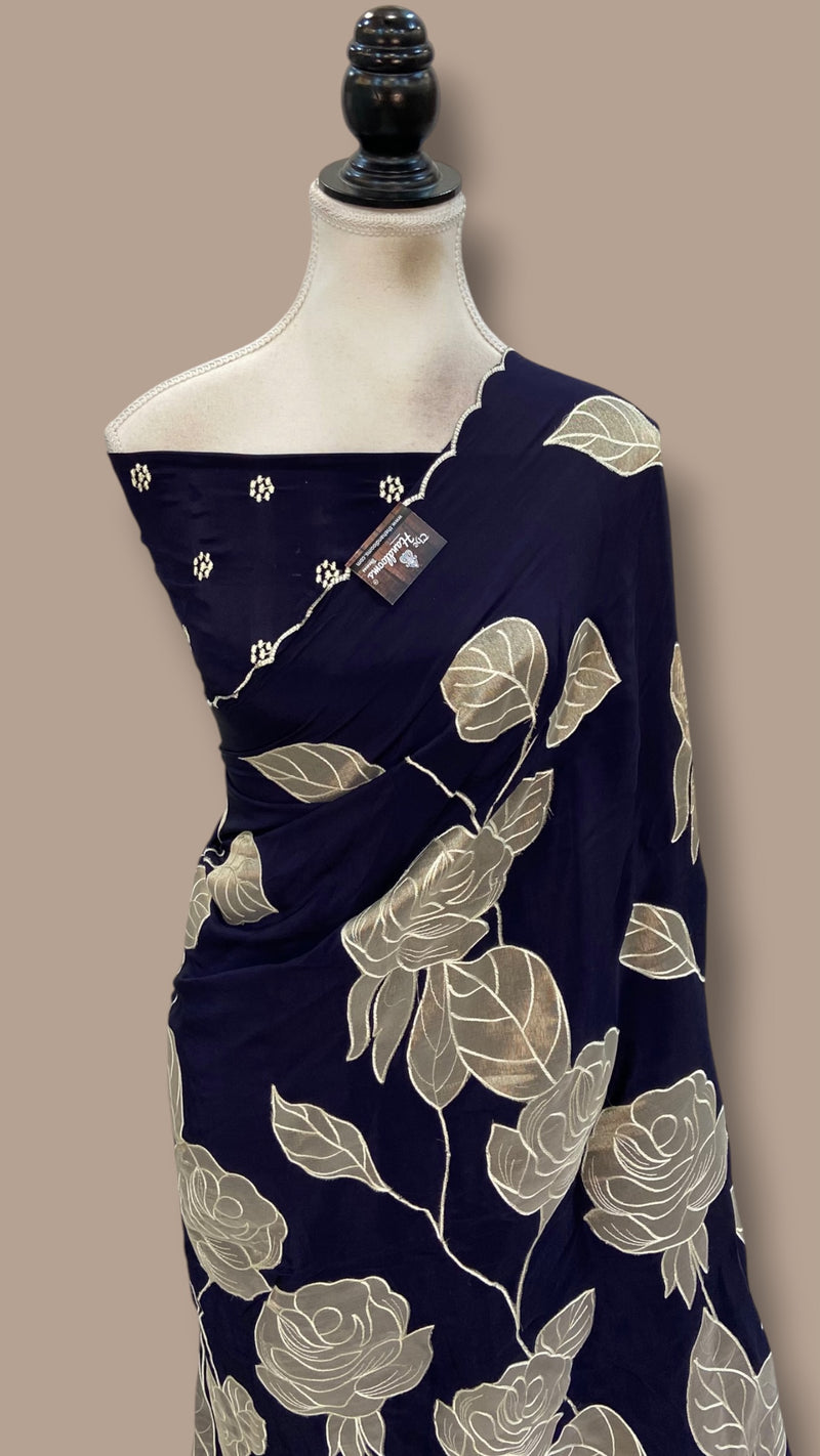 Pure Crepe Silk Handloom Banarasi Saree - Handwork