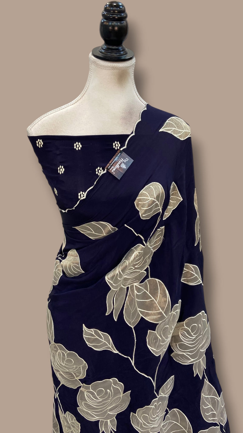 Pure Crepe Silk Handloom Banarasi Saree - Handwork