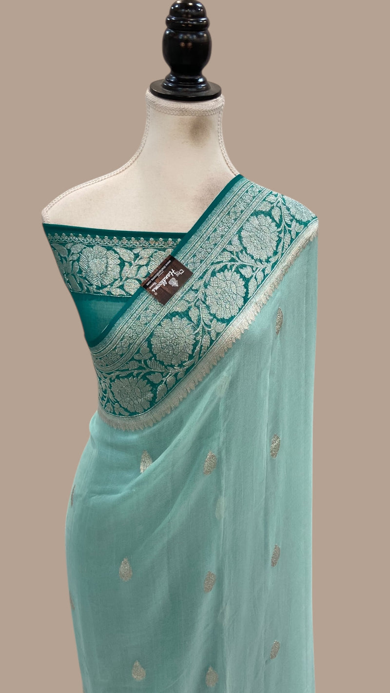 Pure Georgette Handloom Banarasi Saree - Silver Zari - The Handlooms