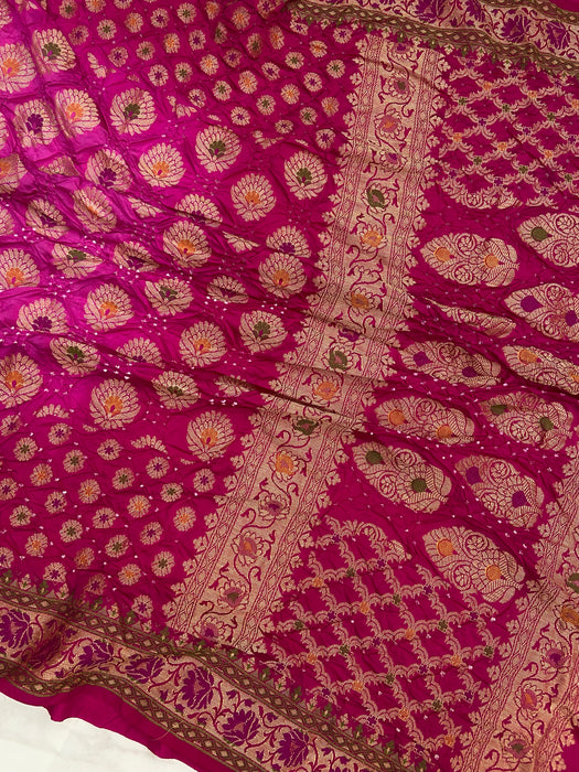 Pure Dupion Silk Bandhej Banarasi Saree - Meenakari