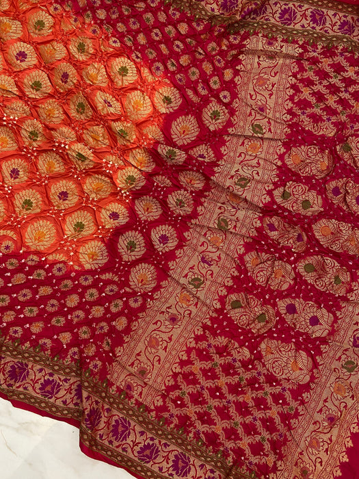 Pure Dupion Silk Bandhej Banarasi Saree - Meenakari