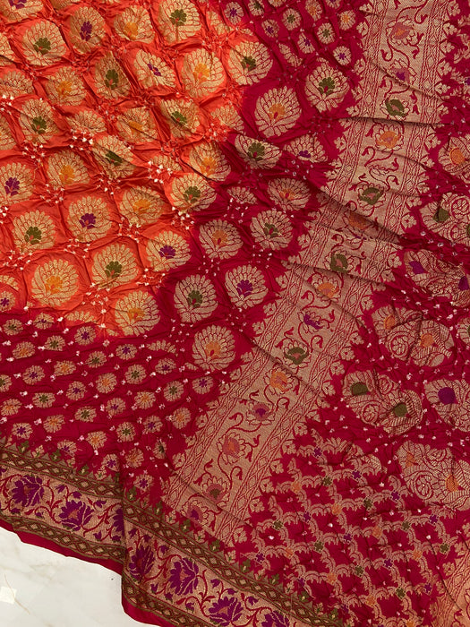 Pure Dupion Silk Bandhej Banarasi Saree - Meenakari