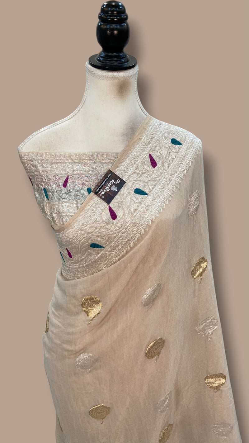 Handloom Banarasi Khaddi Georgette Tissue Saree | All-Over Sona Roopa Kadua Motifs & Meenakari