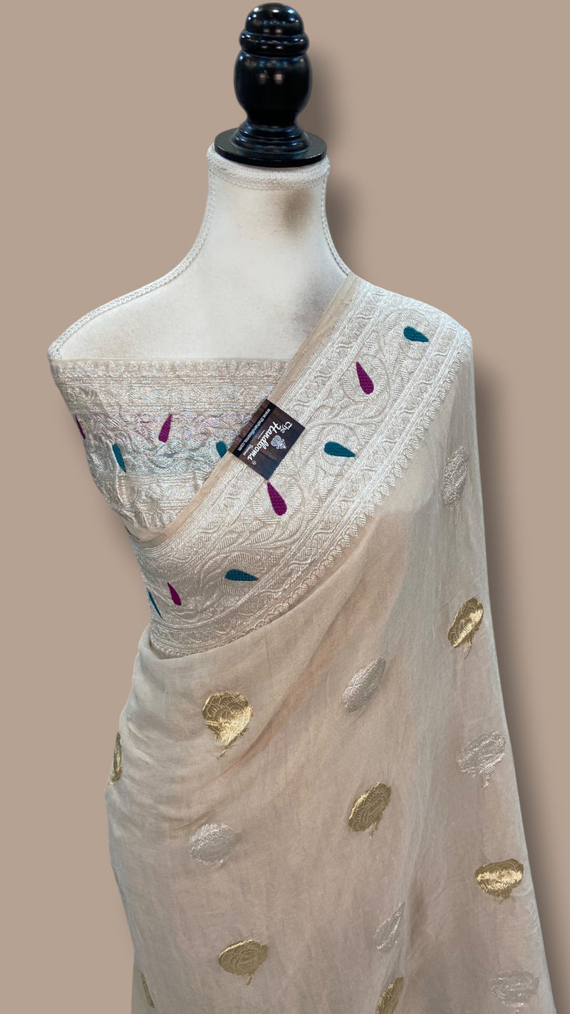 Handloom Banarasi Khaddi Georgette Tissue Saree | All-Over Sona Roopa Kadua Motifs & Meenakari