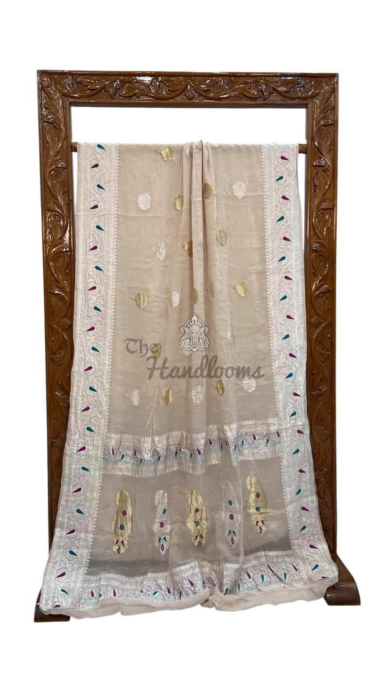 Handloom Banarasi Khaddi Georgette Tissue Saree | All-Over Sona Roopa Kadua Motifs & Meenakari