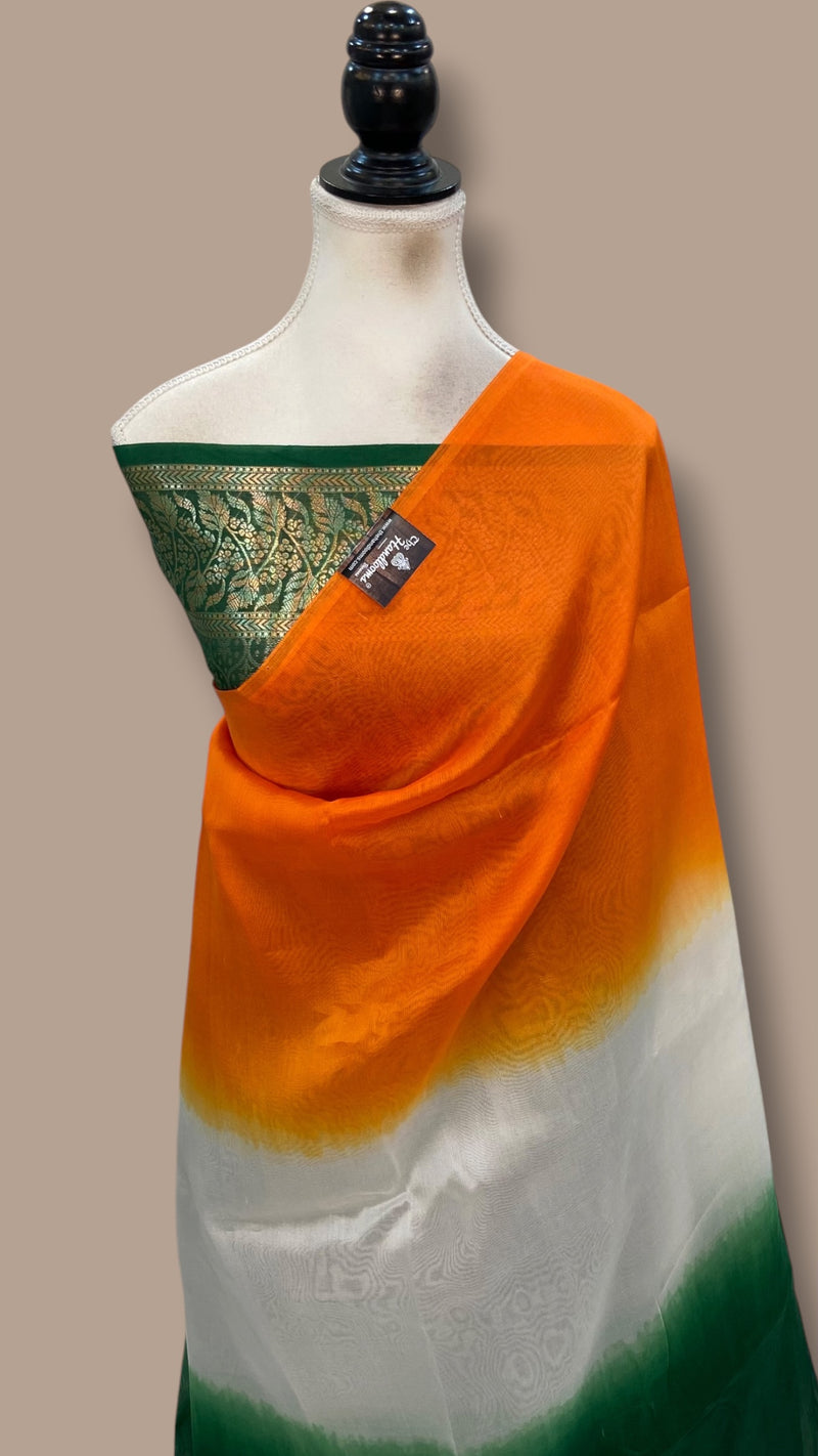 Tricolor Pure Kora Silk Handloom Banarasi Saree