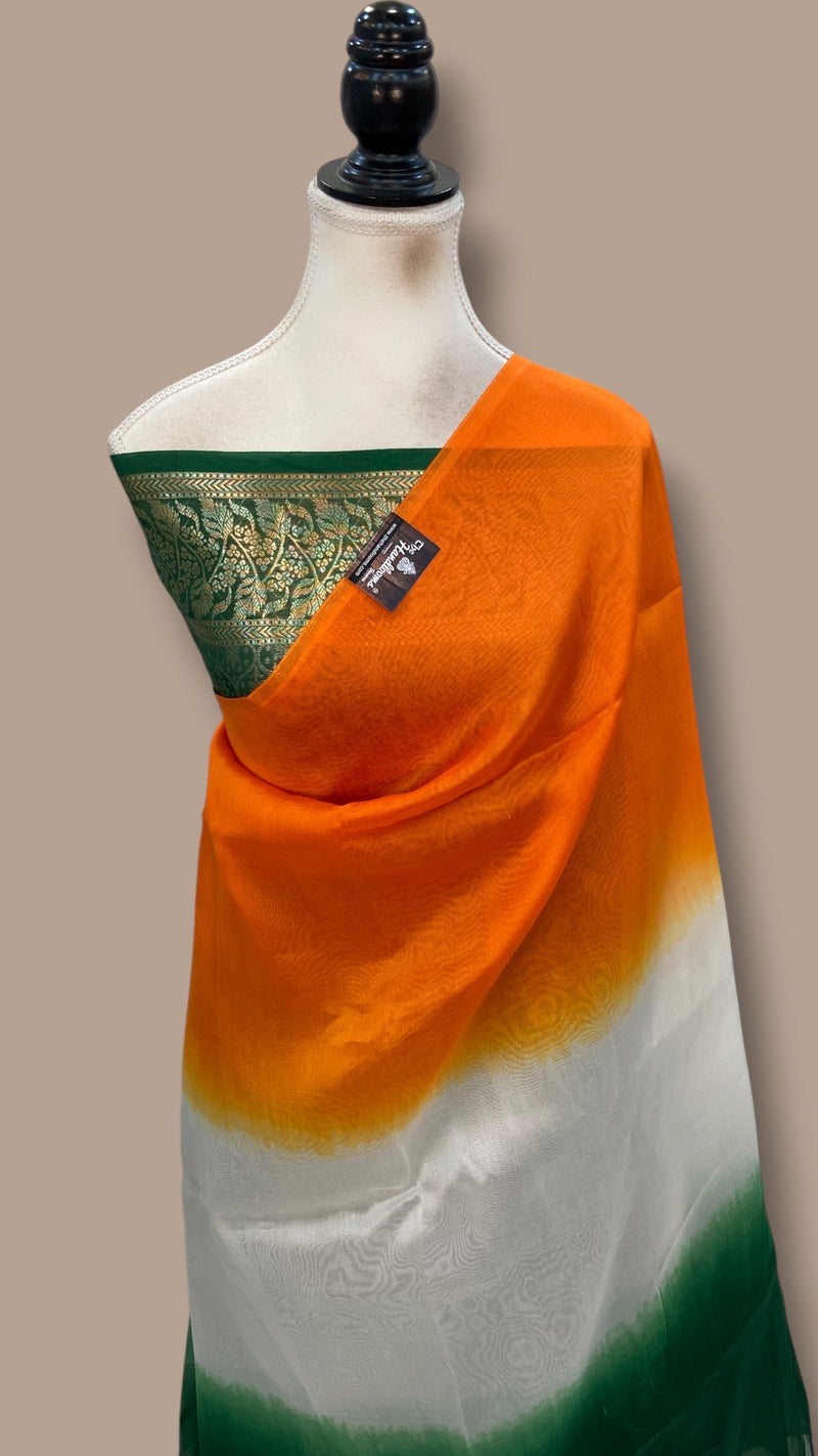 Tricolor Pure Kora Silk Handloom Banarasi Saree