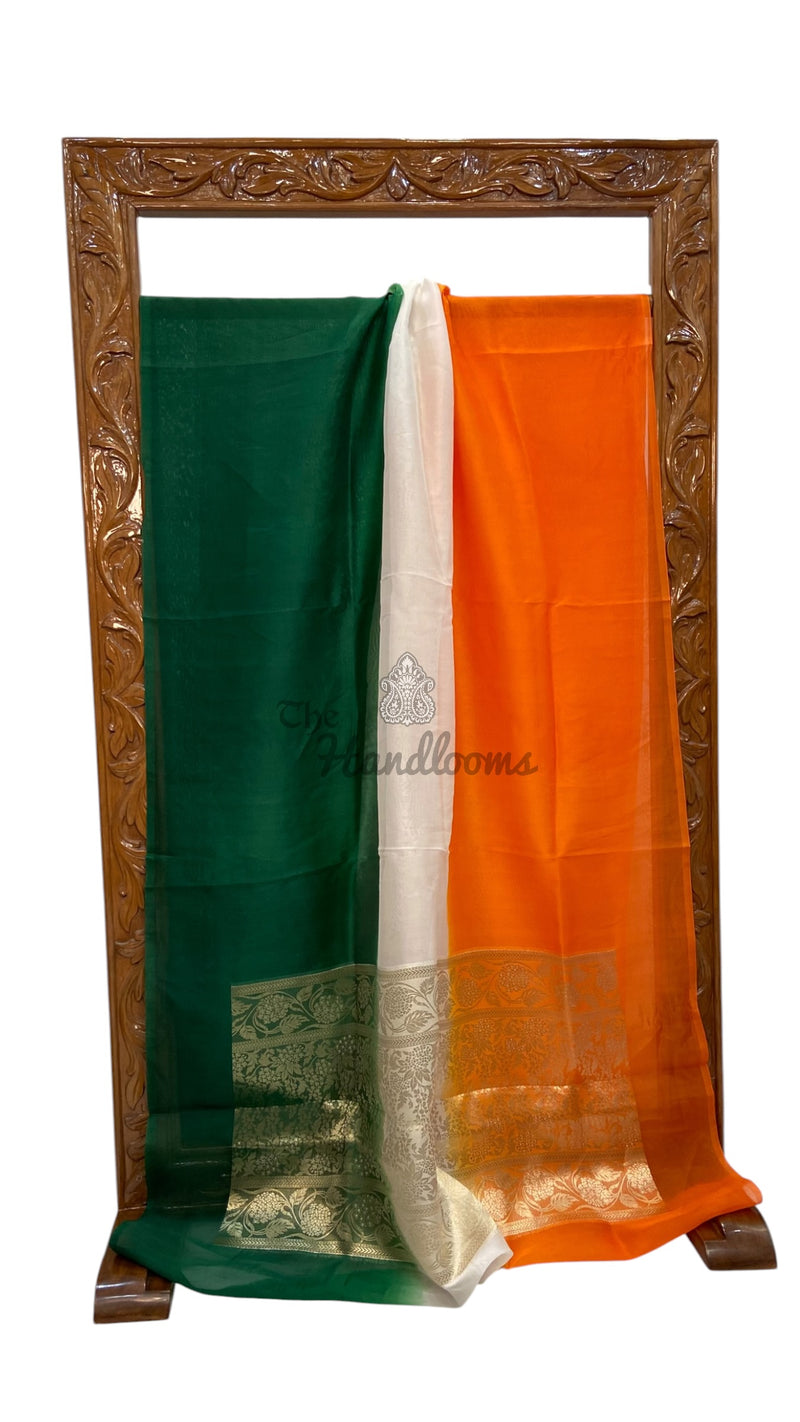 Tricolor Pure Kora Silk Handloom Banarasi Saree