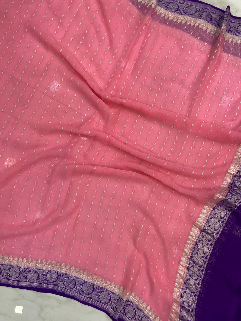 Pure Georgette Dupatta - Soft Pink With Purple silver zari - The Handlooms