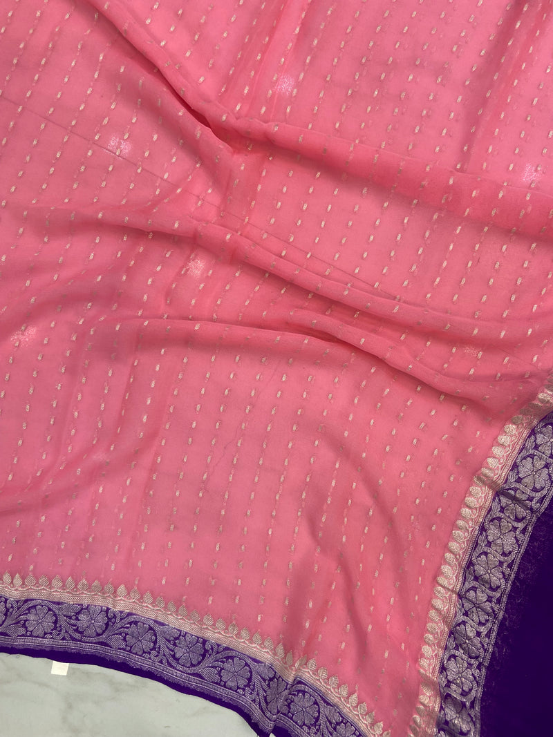 Pure Georgette Dupatta - Soft Pink With Purple silver zari - The Handlooms