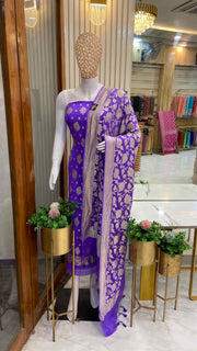Lavender Khaddi Georgette Handlooms Banarasi Dress material - The Handlooms