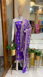 Lavender Khaddi Georgette Handlooms Banarasi Dress material - The Handlooms