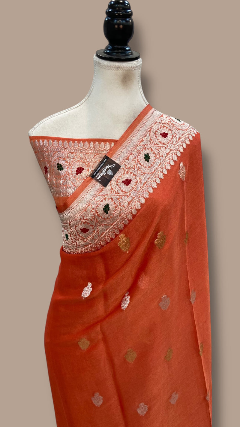 Handloom Banarasi Khaddi Georgette Tissue Saree | All-Over Sona Roopa Kadua Motifs & Meenakari - The Handlooms