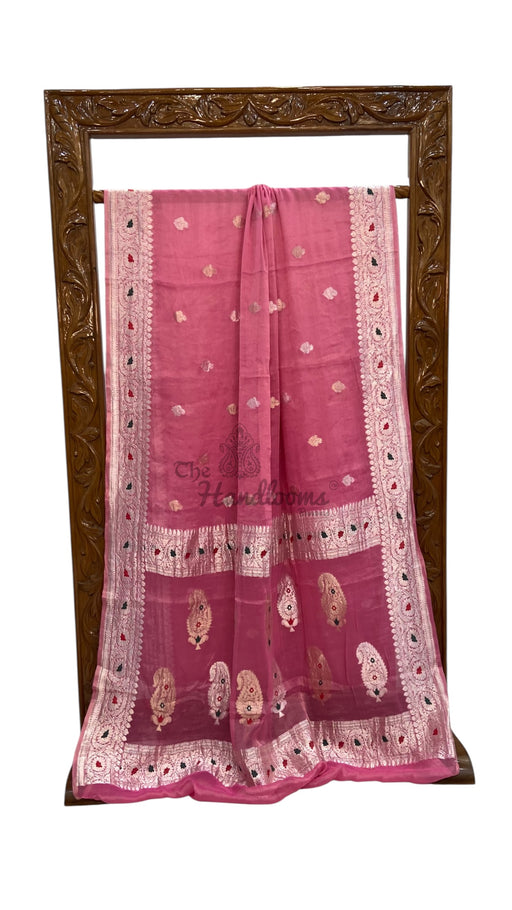 Handloom Banarasi Khaddi Georgette Tissue Saree | All-Over Sona Roopa Kadua Motifs & Meenakari - The Handlooms